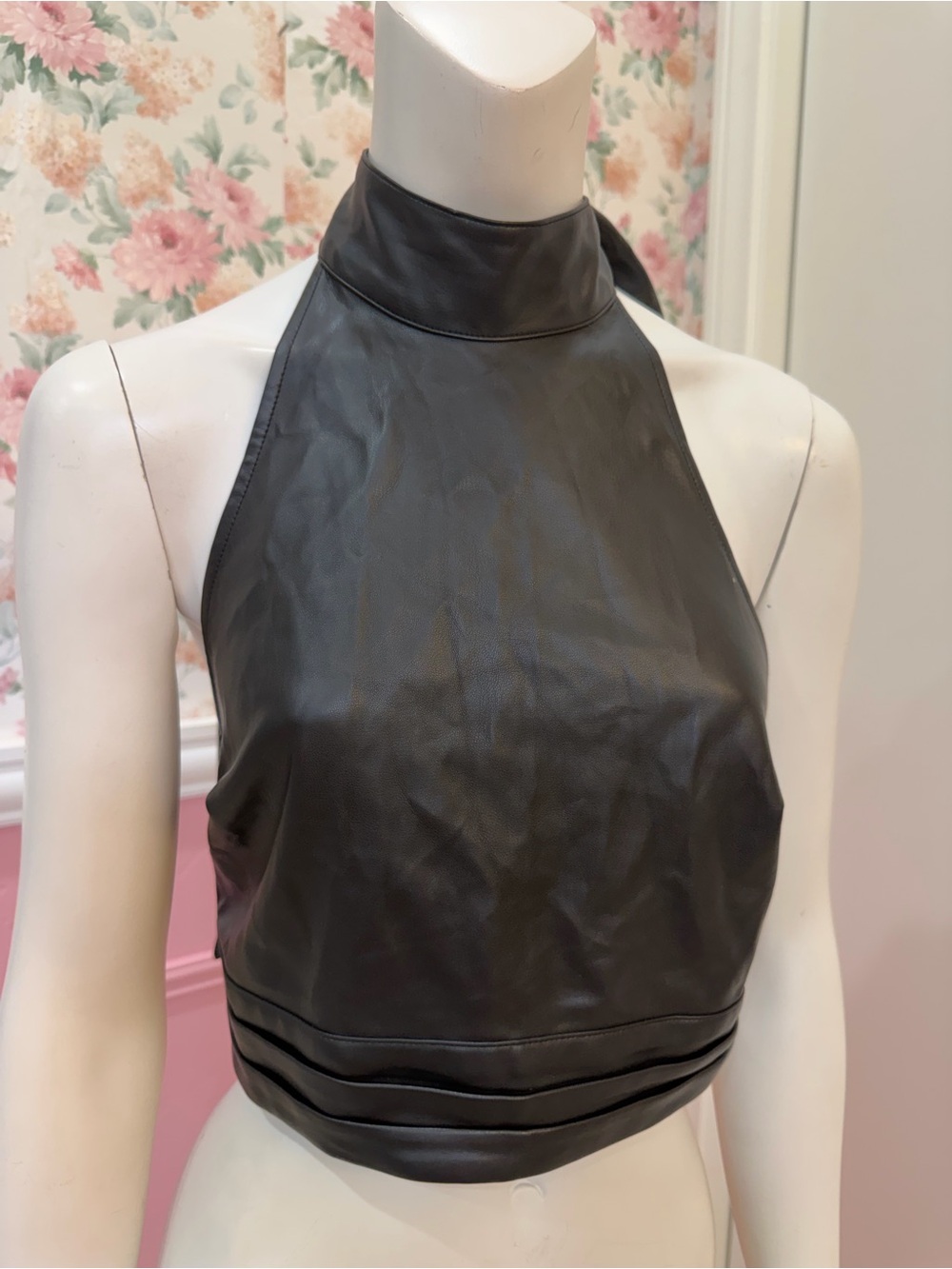 I.AM.GIA Black Faux Leather Halter Crop Top